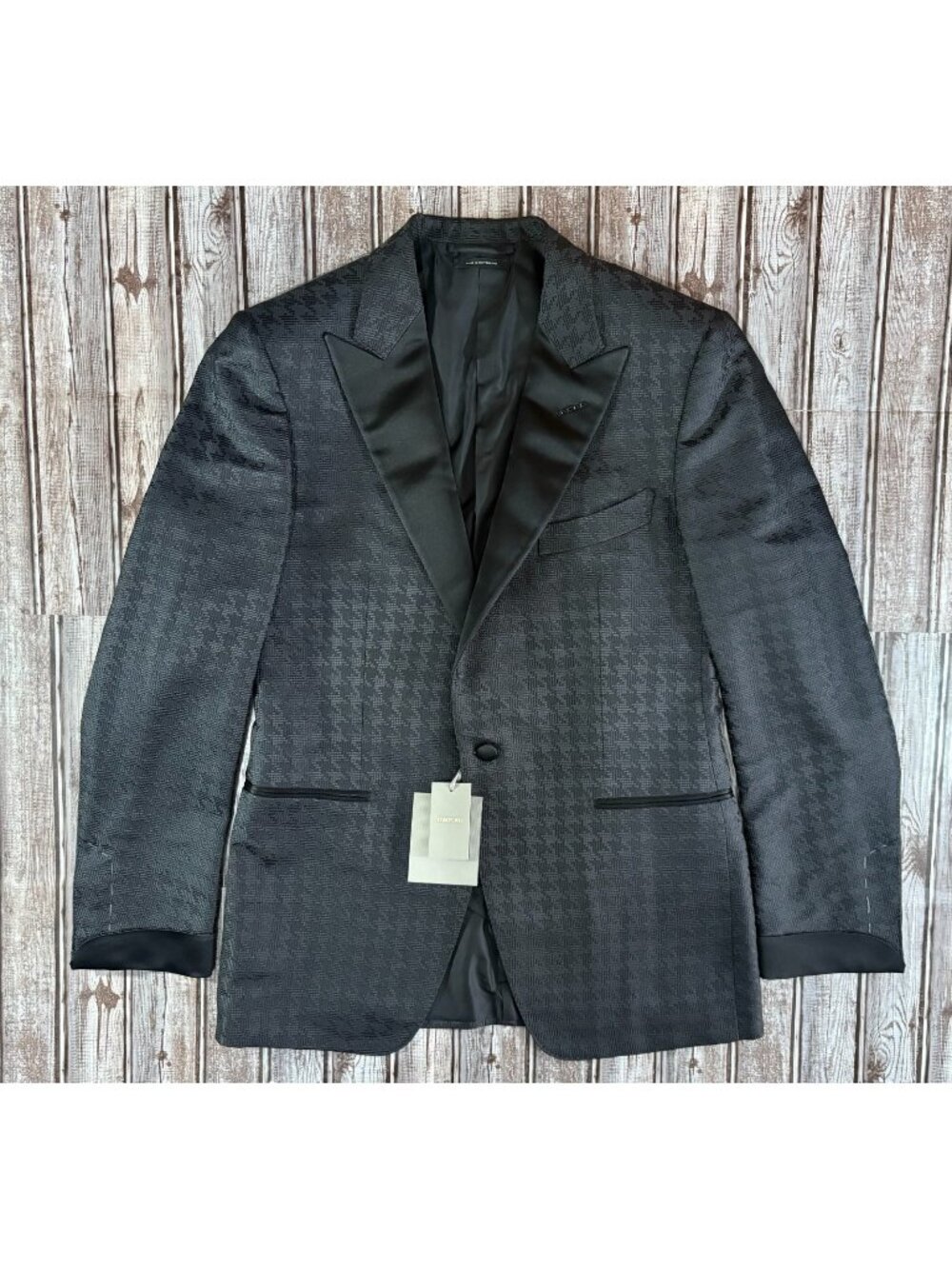Tom Ford Silk Blend Tuxedo Suit Jacket Blazer Black Size 52R houndstooth pattern